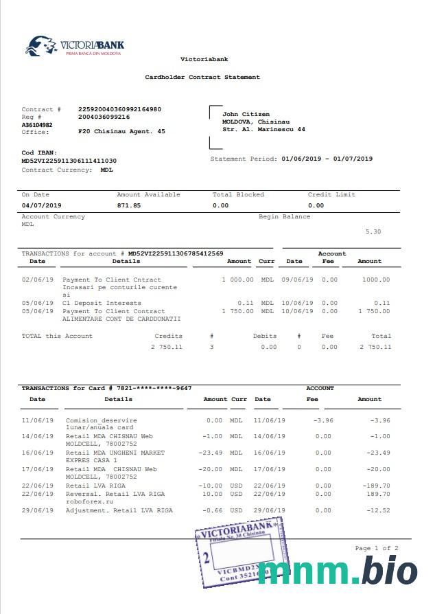 Mołdawia Victoriabank szablon w formacie excel pdf